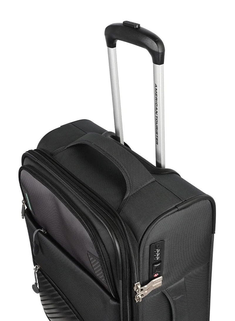 AMERICAN TOURISTER  Majoris + Suitcase, Check-In Size 83 cm, 4 Spinner Wheels, Soft Top, 100% Polyester, Black|Corner Guards|Multi Front Pocket|TSA Combination Lock|Expandable|Retractable Aluminum Handle - 3 Years International Warranty  | Best Price UAE
